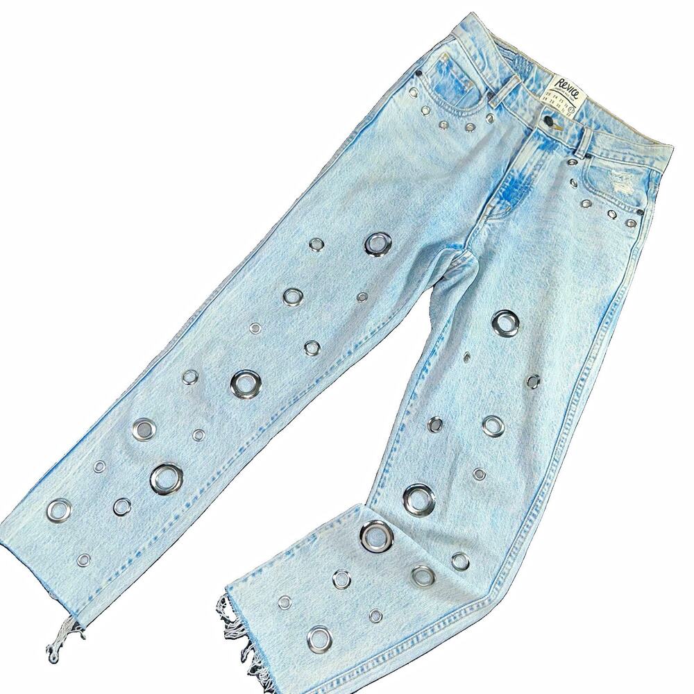 Revice Denim Holy Grail Grommet Jeans Womens 27 Light Wash Distressed Straight